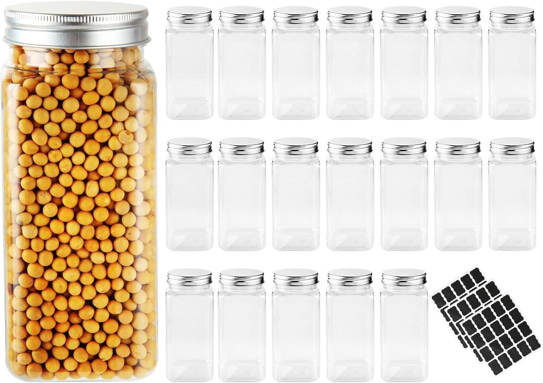 CertBuy 20 Pcs 20 oz Clear Round Plastic Storage Containers with Screw on Lids - Refillable Food Jars for Kitchen Storage