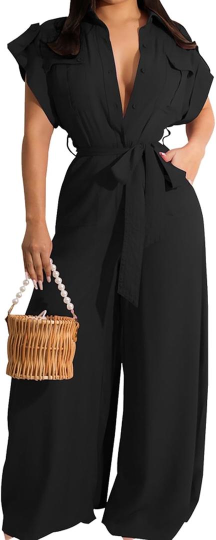 Women's Casual Long Sleeve Round Neck Jumpsuits Work Wide Leg Pants Club Party Loose Rompers, Medium