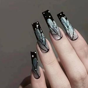 Butterfly Wings Cat Eye Press on Long Coffin Nails for DIY Manicure Glossy Black French Tips Acrylic False Nails Curve Line Fake Nails Gel Glue on Nails Stick on Nails for Women Wings Design 24Pcs