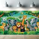 Jungle Animal Birthday Backdrop 71 X 43 Inch Safari Zoo Cartoon Banner with Lion Giraffe Elephant Zebra for Kids Boys Girls Birthday Party Decorations Indoor Outdoor