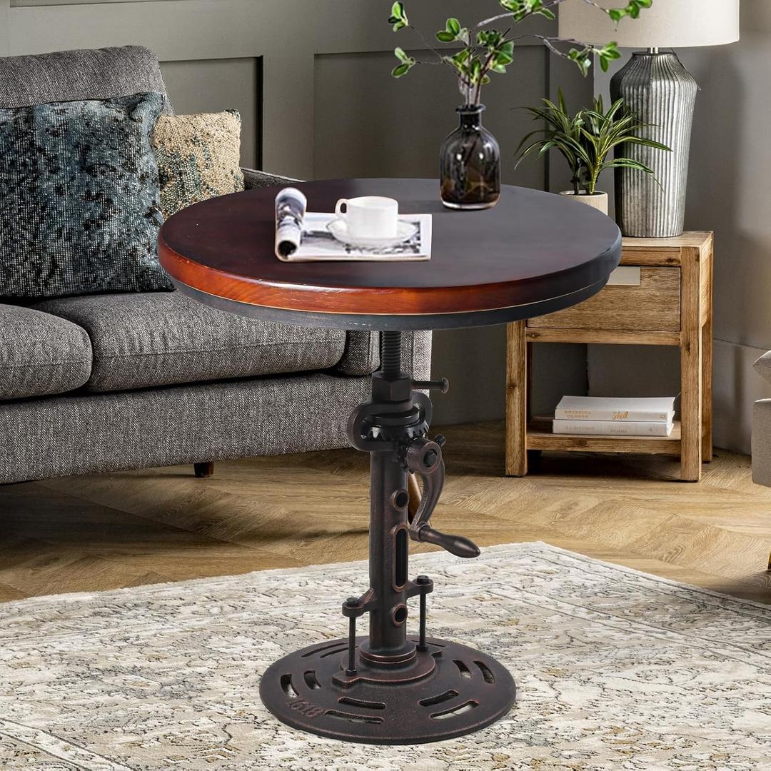 Topower Industrial Retro Side Table End Table Antique Mechanic Crank Height Ajustable Black Walnut Wood Top Farmhouse Accent End Table Copper