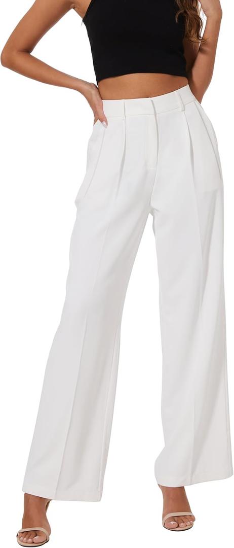 Women Wide Leg High Waist Wide Leg Pants Loose Fit Back Elastic Waist Pleated Front Trousers for Work Casual (Small Long, White)