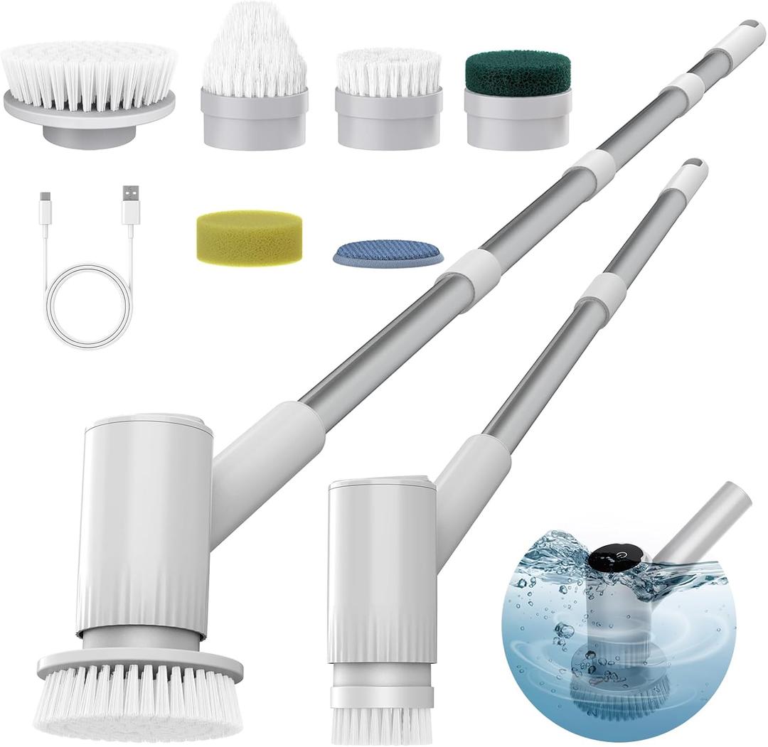 AIRROBO Electric Spin Scrubber, Cordless Electric Scrubber for Cleaning, 300 Mins Runtime, 6 Brush Heads, 47" Adjustable Handle, IPX7 Waterproof for Bathroom, Kitchen, Floors, Tiles, Car Cleaning (Gray)