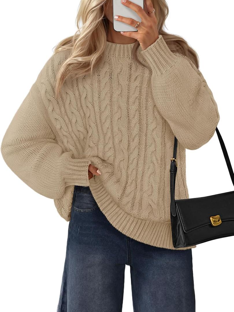MEROKEETY Womens Fall Cable Knit Sweaters 2025 Long Lantern Sleeve Crewneck Chunky Loose Pullover Tops Winter Clothes (Beige, M)