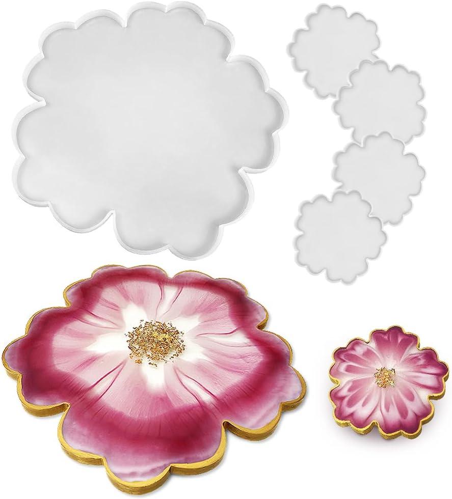 RESINWORLD 13'' Large Floral Tray Mold + 4'' Flower Geode Coaster Silicone Molds (No Designs, 5 Pieces, White, Silicone, Single Piece Construction)