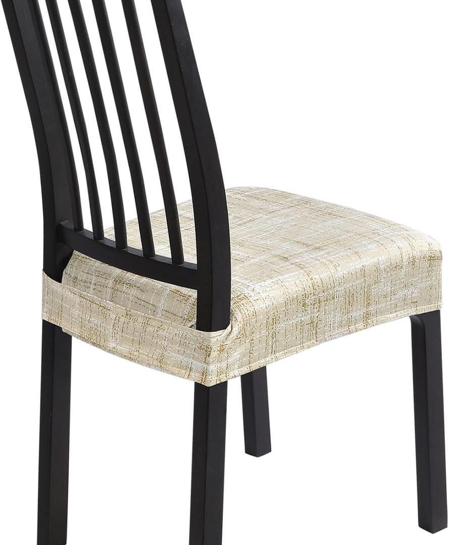 SearchI Stretch Dining Chair Seat Covers Set of 6, Stretch Washable Chair Covers for Dining Chairs, Kitchen Chair Covers Protector (Rear-Covered, Beige White Stripe)