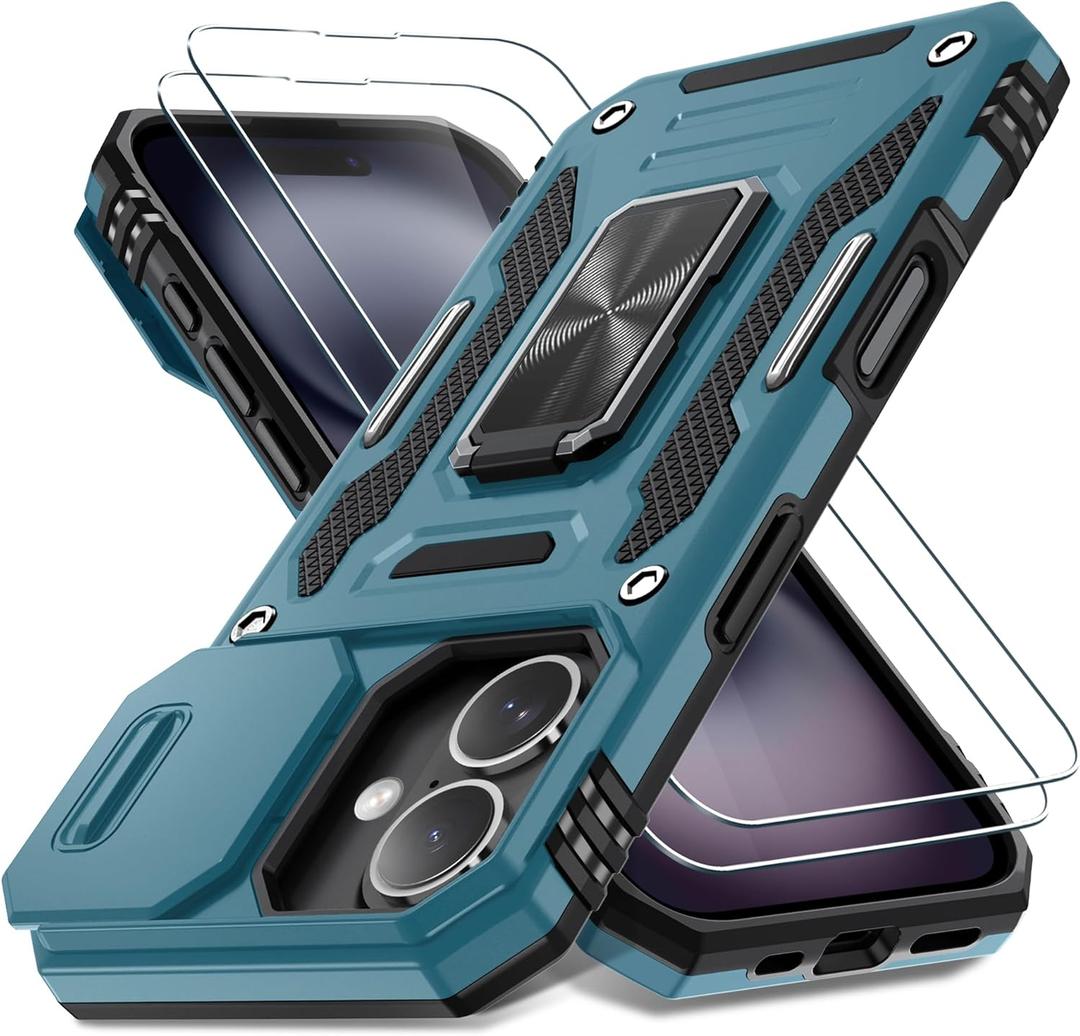 DEERLAMN Case for iPhone 16 with Slide Camera Cover+Screen Protector (2 Packs), Rotated Ring Kickstand Military Grade Shockproof Protective Cover-Light Blue
