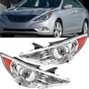 Headlights Assembly for 2011 2012 2013 2014 Hyundai Sonata (Excludes Hybrid) Halogen Headlamp Replacement Driver &Passenger Side,Chrome Housing Amber Corner