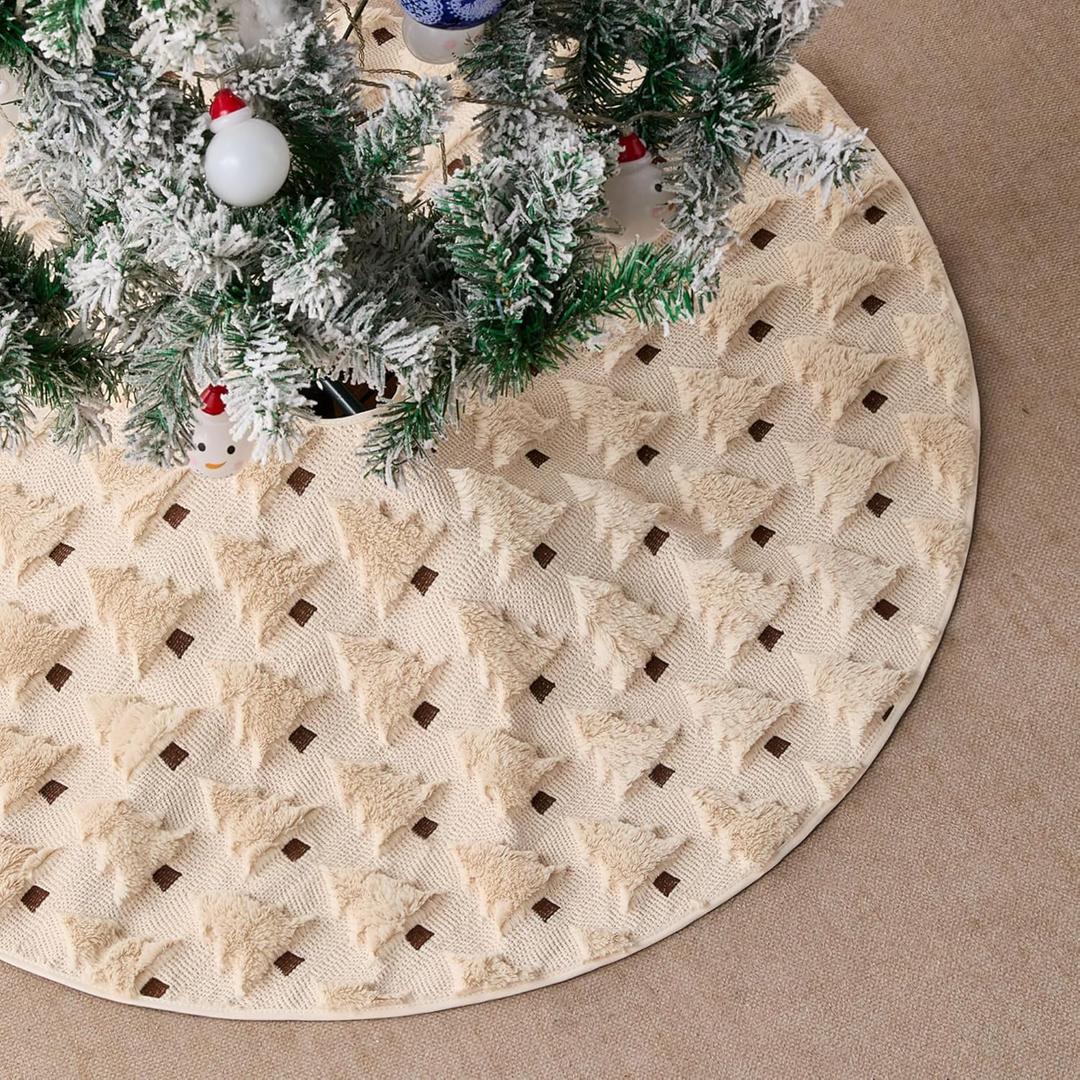 Christmas Tree Skirt 48 Inch Beige Christmas Tree Decor Soft Plush Faux Fur Jacquard Xmas Holiday Home Party Decorations Indoor SQ01D36