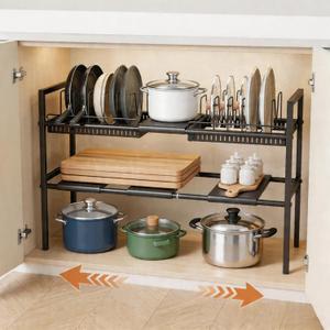 Pots and Pans Organizer Under Cabinet, Expandable Length, Adjustable Height Under Sink Shelf 2 Tier with 10 Dividers Under Cabinet Shelf, Pot and Pan Lid Holder Rack (Black)