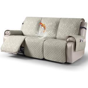 VANSOFY 100% Waterproof Recliner Sofa Covers, Couch Covers with Non-Slip Granule, 3-Piece Washable Reclining Sofa Cover with Pocket Furniture Protector for Kids, PetsBeige,3 Seater