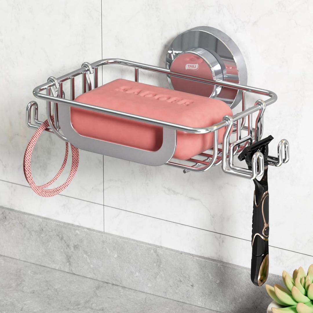 TAILI Soap Bar Holder Dish with Hooks, Shower Soap Tray Saver Suction Cup with Razor Holder for Wall, Rustproof Stainless Steel Bath Shampoo Caddy for Bathroom Accessories Organizer, Silver
