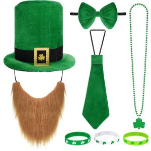 Marrywindix 8 Pcs St. Patrick's Day Party Costume Set Hat Fake Beard Tie Bow Tie Necklace Bracelet Accessories Suit for Masquerade Parties