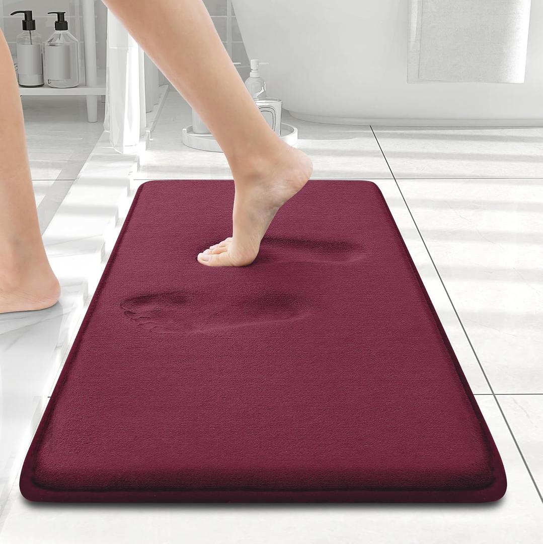 Smiry Memory Foam Bath Mat 24x16, Extra Soft and Absorbent Bathroom Mats, Non Slip Washable Carpet for Floor, Shower and Tub, Burgundy 2pc