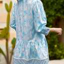 Wenrine Women's Floral Boho Mini Dress 3/4 Long Sleeve V Neck Casual Button Down Shirt Dresses (Blue, S)