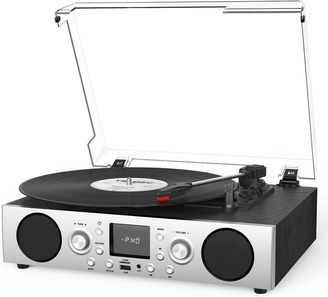 Record Player with Built-in Speakers, Belt-Driven Turntable with FM Radio & Bluetooth Receiver, 3-Speed Vinyl Player with USB Recording, RCA Line Out, AUX in & Auto Stop, Silver Black