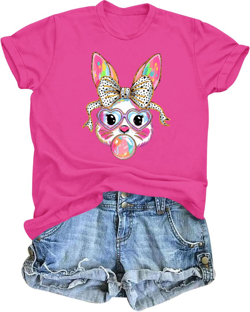 NQIQO Easter T Shirts for Women Easter Bunny Short Sleeve Shirt Pastel Bubble Gum Rabbit Tee Tops Rose Pink L (Pink, L)