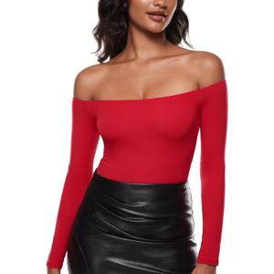 INLYRIC Women's Inbarely Soft Off The Shoulder Double Lined Long Sleeve Tops Going Out Slim Fitted Sexy Trendy T-Shirts XL