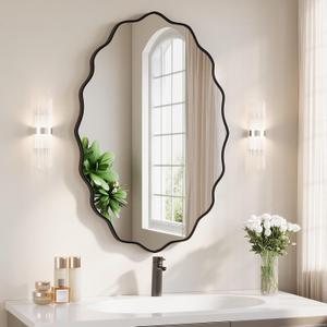 ULIKE Black Bathroom Mirror 20x30 - Shatter-Proof Tempered Glass, Wavy Metal Frame, Wall Mount Oval Mirror for Over Sink/Vanity (H or V), Matte Black Bathroom Entryway Decor