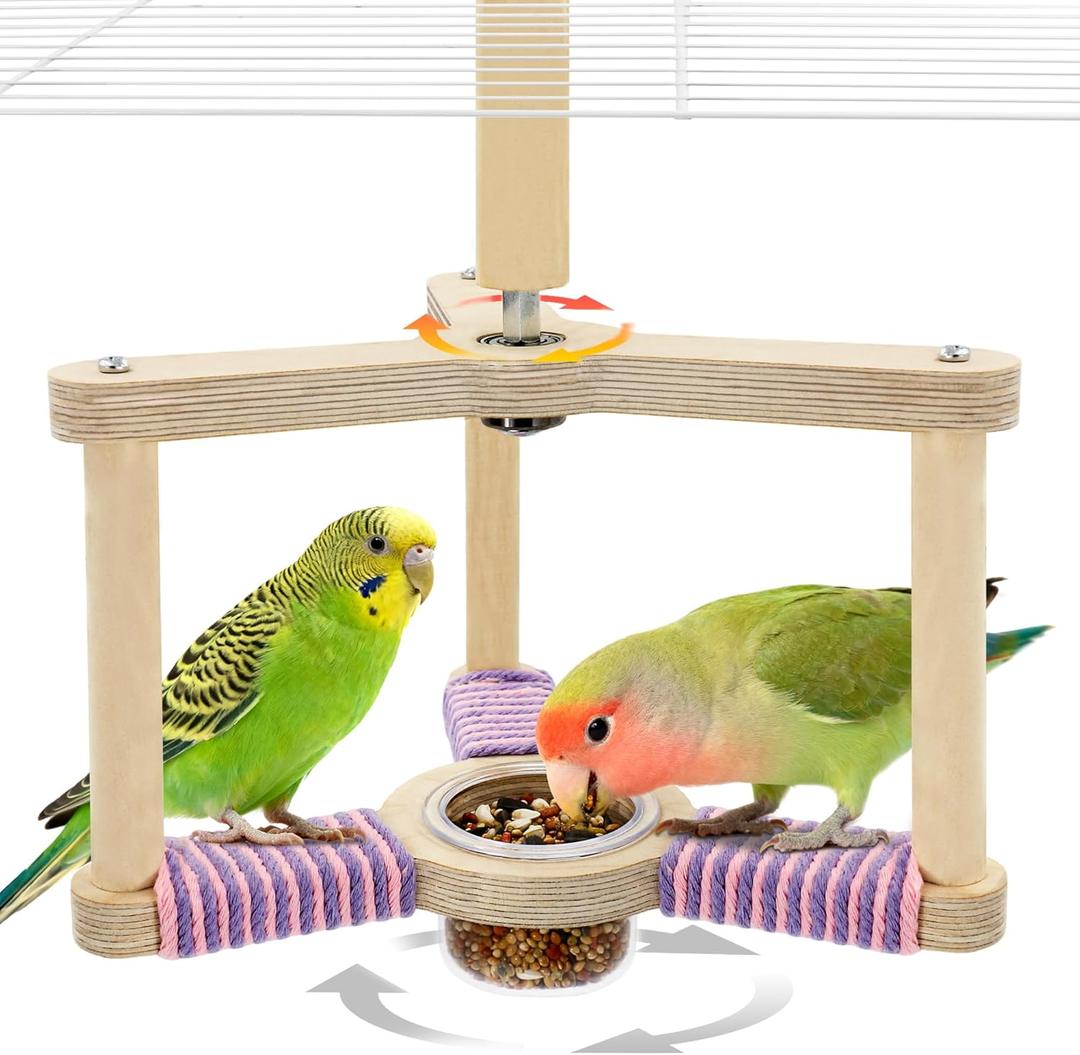 Bird Spinning Toy with Feeding Cup, 360 Rotating Bird Perch Toy with Rope-Wrapped for Soft Grip, Interactive Bird Toys, Dual-Layer Structure with Multi-Perches for Cockatiel Climbing & Feeding