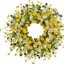 LSKYTOP 24Inches Artificial Yellow Daisy Wreath with Green Eucalyptus Leaves and Lavender Spring Summer Wreath for Front Door Wall Decor