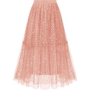 Sequin Tulle Skirts for Women Sparkly Midi Flowy A-Line Party Skirt Layered Skirts (Pink, M)