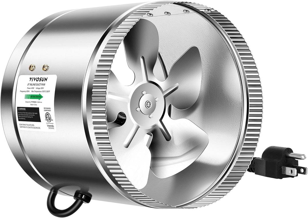 VIVOSUN 8 Inch Inline Duct Fan 420 CFM, HVAC Exhaust Ventilation Fan with Low Noise for Basements, Bathrooms, Kitchens and Attics, Silver