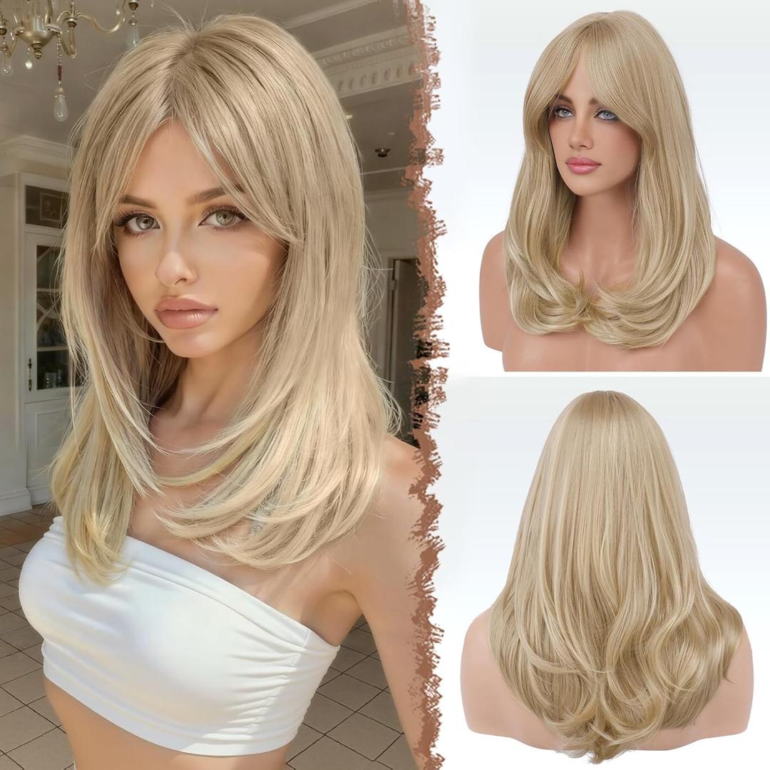 FESHFEN Blonde Wigs with Bangs, Synthetic Natural Looking Long Layered Straight Hair Wig for Women Daily Party Costume, 18 inch Dirty Blonde