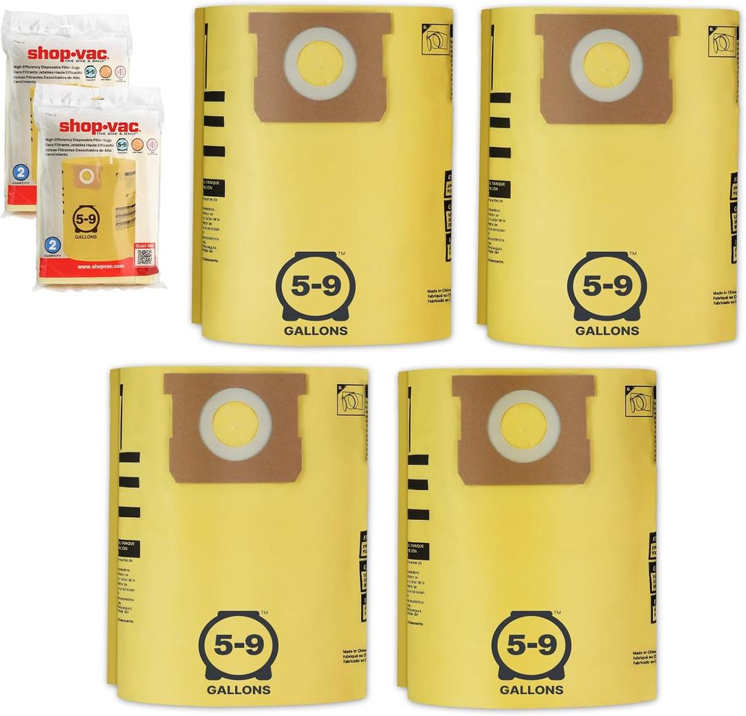 Shop-Vac 90671 Genuine Type H 5-to-9-Gallon High-Efficiency Disposable Collection Filter Bag 4 Pack, Yellow
