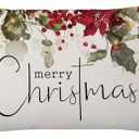 AOFANGGO Christmas Pillow Cover 12x20 inch Merry Xmas Throw Pillow Poinsettia Holly Holiday Decorations Farmhouse Rustic Xmas Cushion Cover for Bed Chair Sofa Couch