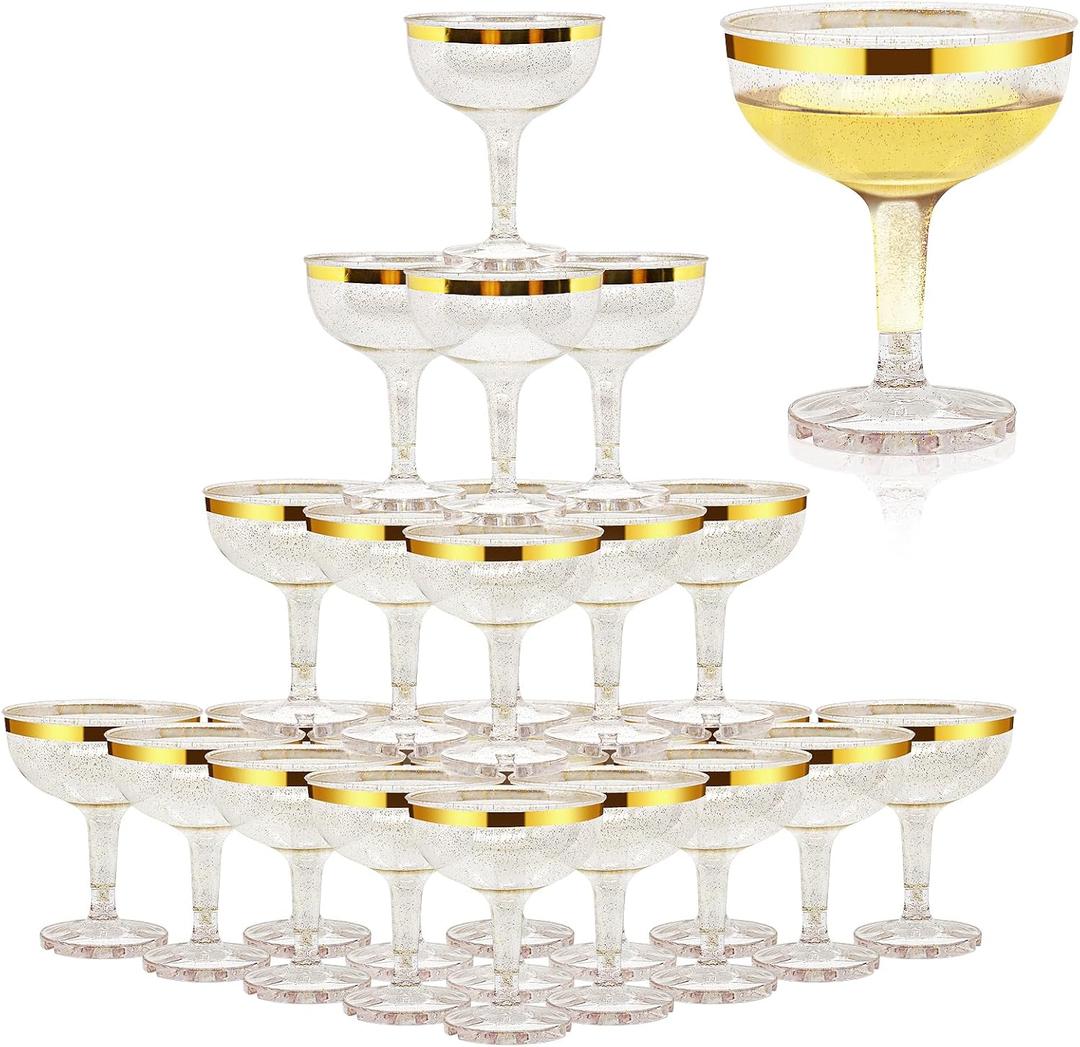 KYAPCK 50 Pcs Plastic Champagne Coupe Glasses for Parties, 5 oz Disposable Champagne Glasses Unbreakable Acrylic Martini Glasses (Gold)