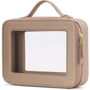 Popvibe Clear Makeup Bag Travel Cosmetic Case Transparent Toiletry Bag with Zipper, Portable Make Up Organizer Traveling Compact Car Bag for Essentials (Gold)