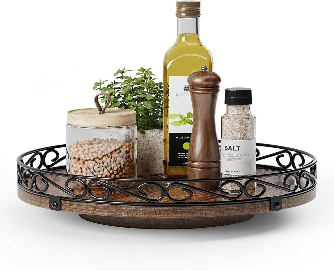 12" Lazy Susan Turntable Organizer for Table Top, Round Wooden Lazy Susan for Cabinet, Farmhouse Decorative Tray for Coffee Table, Kitchen Organizer Countertop, Center Piece Decor, Rustic Brown
