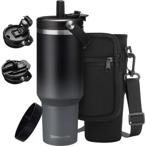40 oz Coffee Tumbler with Straw - Flip Lid, Carrier Bag Strap & Silicon Bottom Boot, Insulated Tumblers Water Bottles Fit Car Holder, Stainless Steel Travel Cups Mug for Travel Work (Black&Grey)