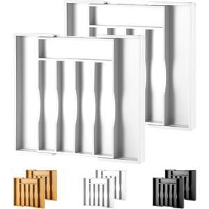 2-Piece Bamboo Silverware Organizer, Expandable Kitchen Drawer Organizer for Cutlery and Utensils, Multifunction Adjustable Bamboo Wood Cutlery Tray in Drawer for Flatware, (White)