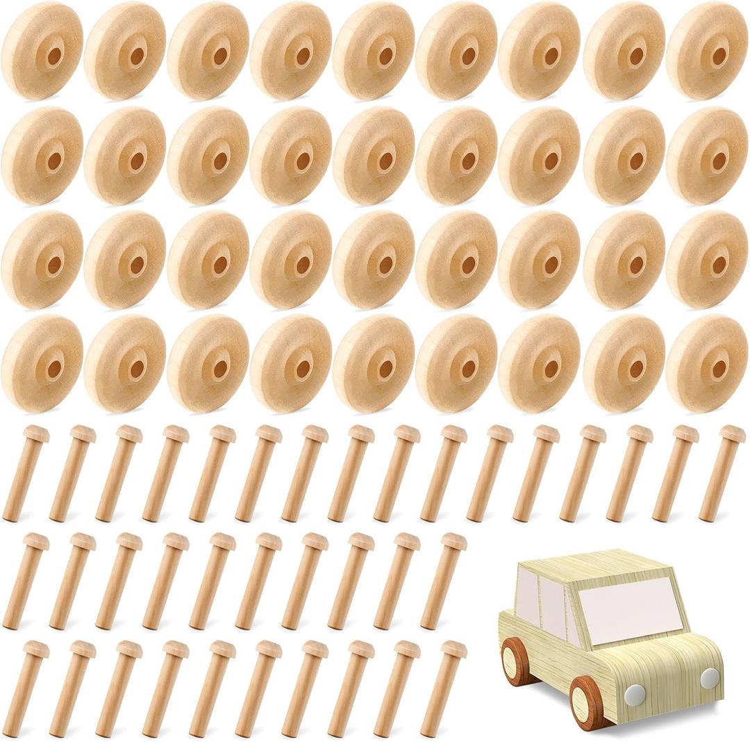 Civaner 36 Pack Wooden Wheels Toys for Crafts Mini Wooden Craft Wheels with Axle Pegs for Crafts DIY Toy Cars Painting Colors Working Pegboards(0.75 Inches Diameter)