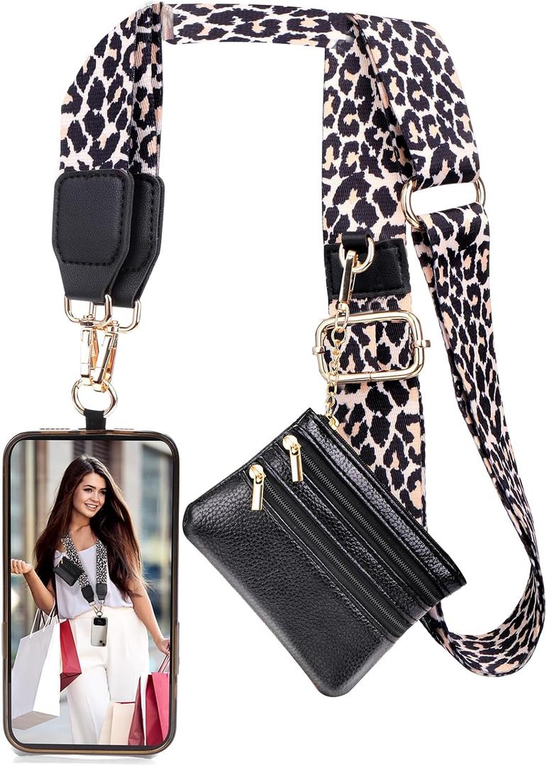 XANGNIER Clip and Go Strap for Phone with Wallet Crossbody,Phone Strap with Zippered Wallet, Adjustable Anti Theft Cellphone Lanyard for Women, Cellphone Chain Accessories,Leopard