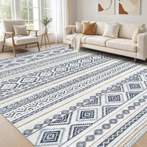 cotiled 10x14 Area Rug Living Room: Washable Boho Rugs with Non Slip Backing Large Soft Indoor Stain Resistant Carpet for Bedroom Farmhouse Dining Room Lightweight Home Decor Blue
