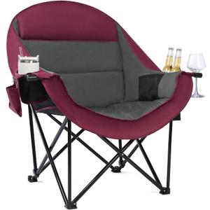 Oversized Camping Chair for Adults - Heavy Duty Padded Outdoor Folding Lawn XL Camp Chair with Cup Holder Cooler Pockets for Sports Beach Fishing Garden Portable Supports 500lbs, Red/Grey