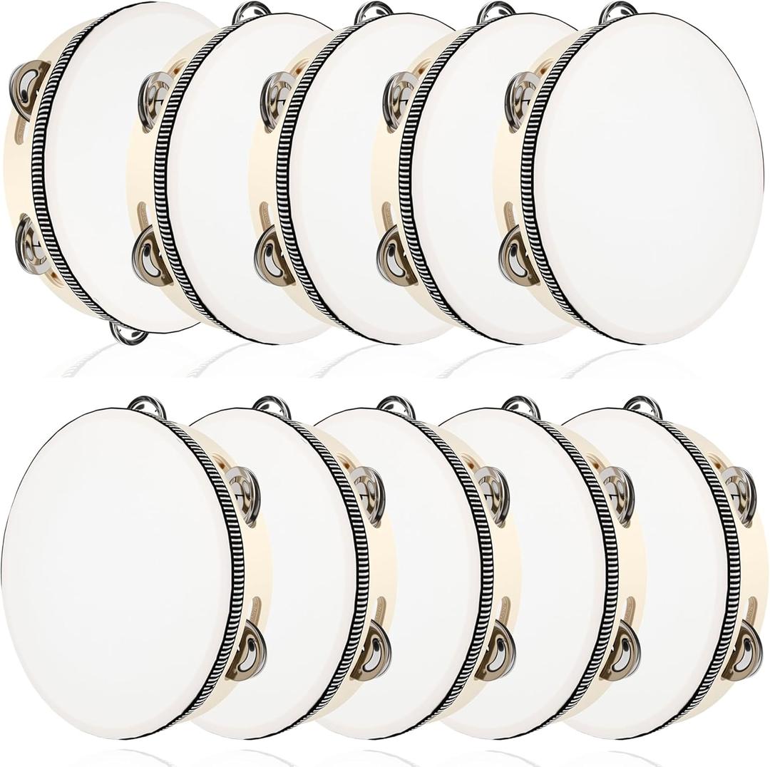 10 Pcs 8 Inch Adult Wedding Tambourines Drum Wooden Handheld Drums Metal Jingles Drums Musical Instruments Percussion for Church Wedding Party Favor