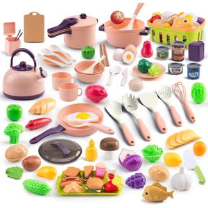 118Pcs Mini Play Kitchen Accessories for Kids, Pretend Cooking Playset with Cookware, Tableware & 2 Fruit Sets, Learning Gift for Girls, Boys, Toddlers, Pink