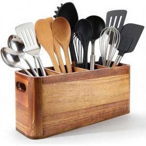 Kitchen Utensil Holder for Counter or Countertop, Large Wooden Utensil Holder with 4 Compartments, Acacia Wood Organizer for Cooking Utensils and Silverware, Ideal Gift for Kitchen Decor