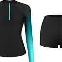 ATTRACO Womens Rashguard Sets Sun Protection Swim Shirts Long Sleeve Swimsuits with Boyshort Bottom Green M