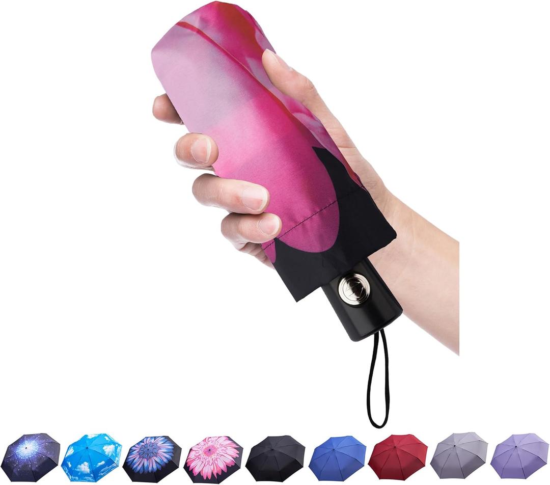 Goothdurs Automatic Mini Travel Windproof Umbrella Compact Auto Open/Close Small Lightweight Folding Rain Umbrellas for Women Men (A4-Pink Daisy)