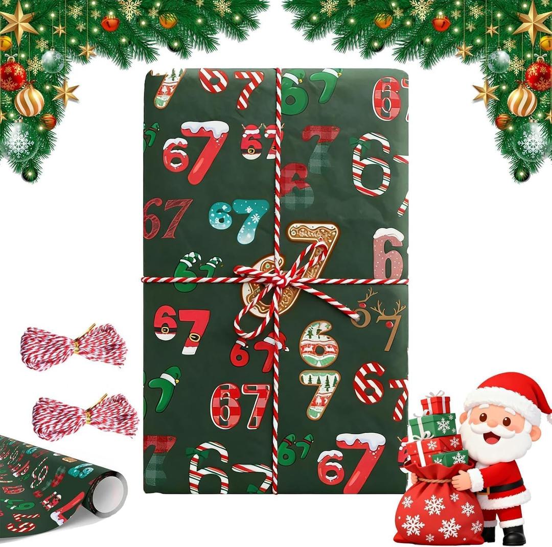 67 wrapping paper, 67 Meme Christmas Gift Wrap, 6 7 wrapping paper, Christmas Meme Wrapping Paper Roll, Unique 6 7 Xmas Festive Wrapping Papers Roll 6 7 Meme Xmas Giftwrap Paper Rolls (Green 19 * 36IN+2 hemp ropes)