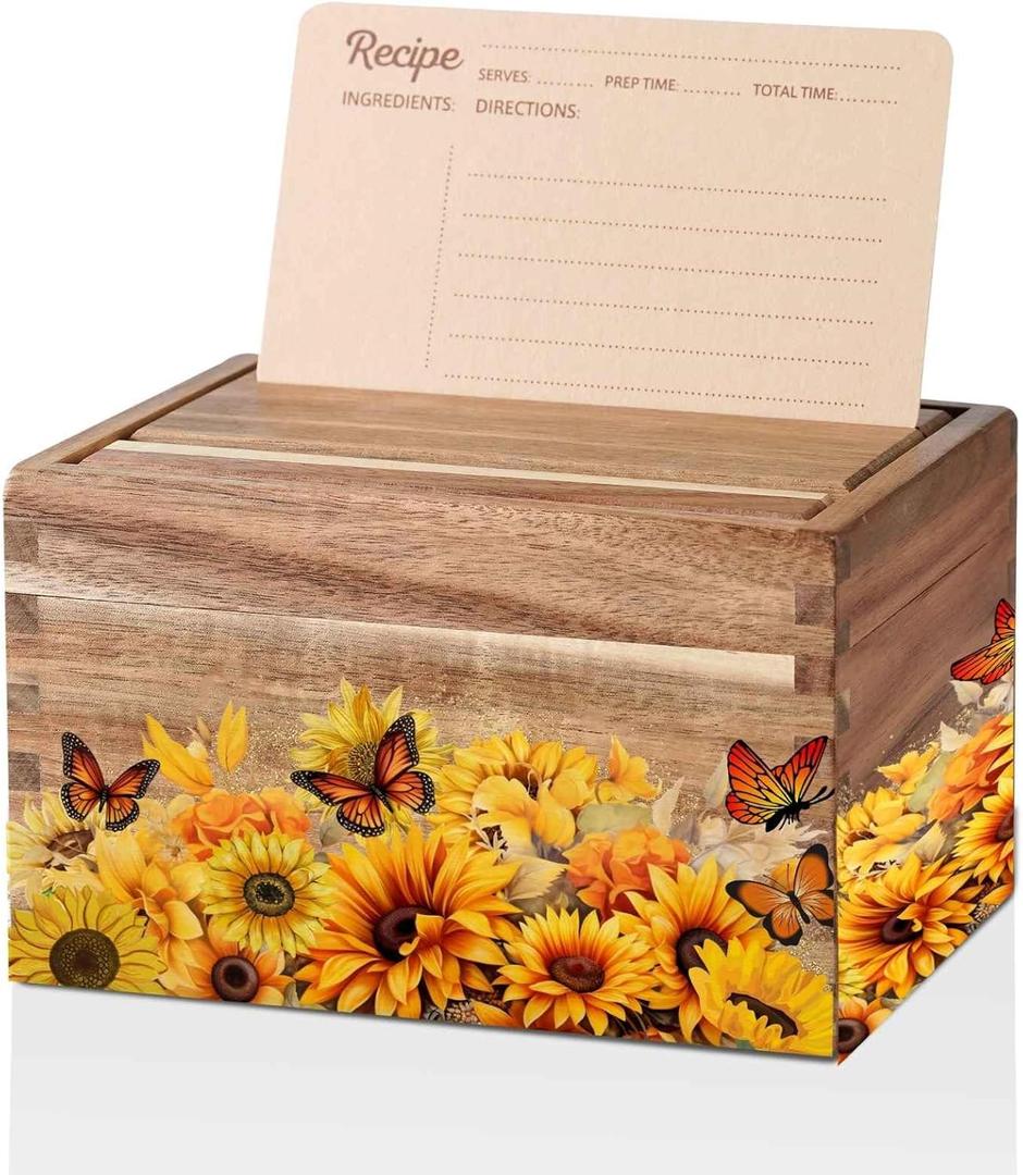 InnoBeta Sunflower Gifts Recipe Box, Recipe Card Holder Box with 50 4x6 inch Recipe Cards, 10 Dividers, Recipe Organizer for Sunflower Lovers with 4 Sides Printed