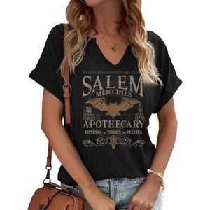 Womes Salem Apothecary V Neck Shirt Fall Halloween Witches Graphic Short Sleeve Tee Salem 1692 Holiday Family Matching Autumn Tops(M, H-Black)