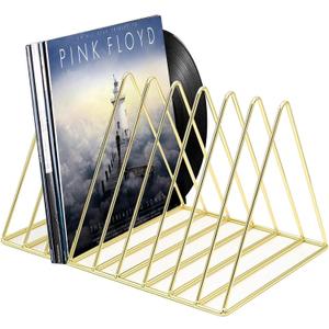 Udreamer 9 Slot Record Holder,Desktop Vinyl Record Storage Holds Up 30 LPs,Metal Magazine Holder Triangle File Holder for Office Homer,Golden