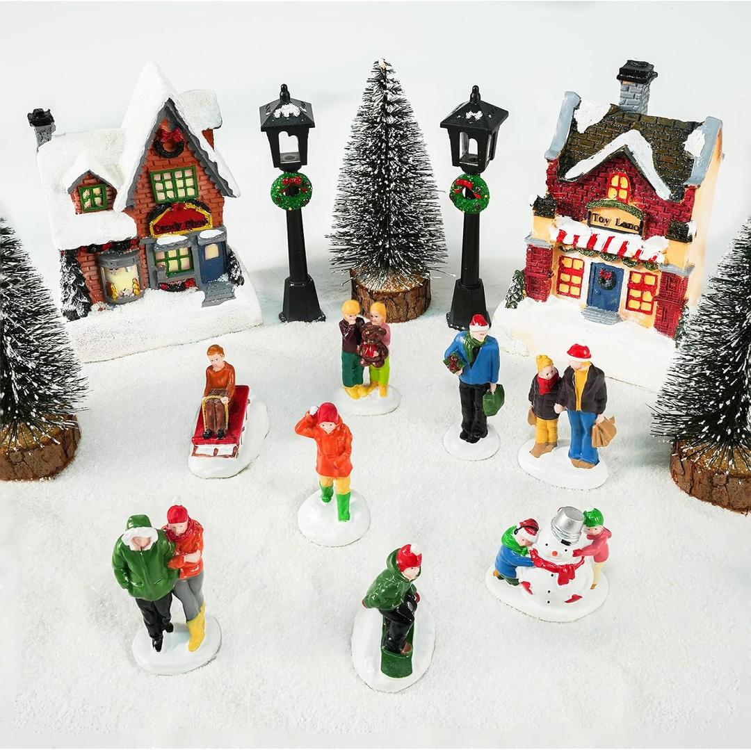 Rileryan 15 PCS Christmas Village Sets People House Figurines for Miniature Christmas Town Village Accessories Decor Buildings Collectible Home Decorations
