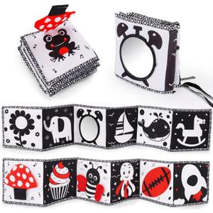 Black and White High Contrast Toys for Baby 0-3 3-6 months Infant Tummy Time Soft Book Sensory Musical Toy 0-2-4-6 month Babies Brain Development Crinkle Book Mirror Newborn Easter Basket Stuffer